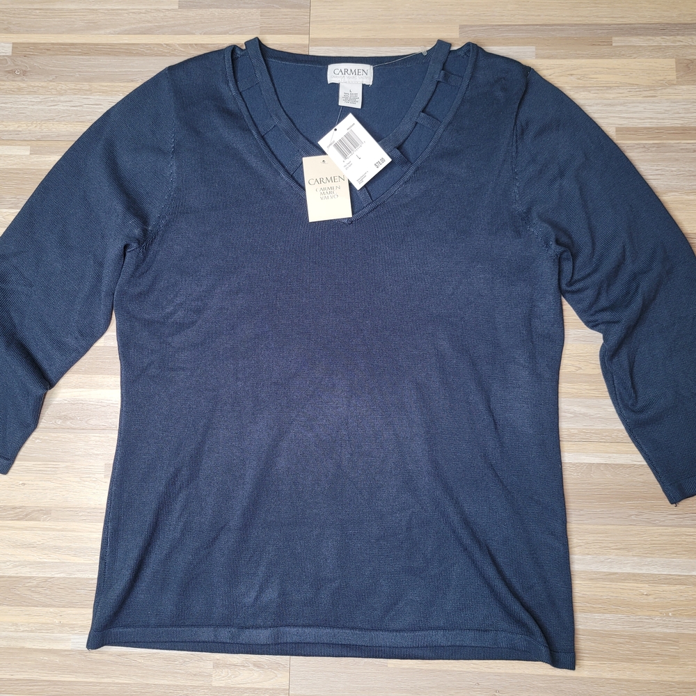 Carmen Marc Valvo Navy Blue Womans Size Large Knit Top Cutouts New W Tags